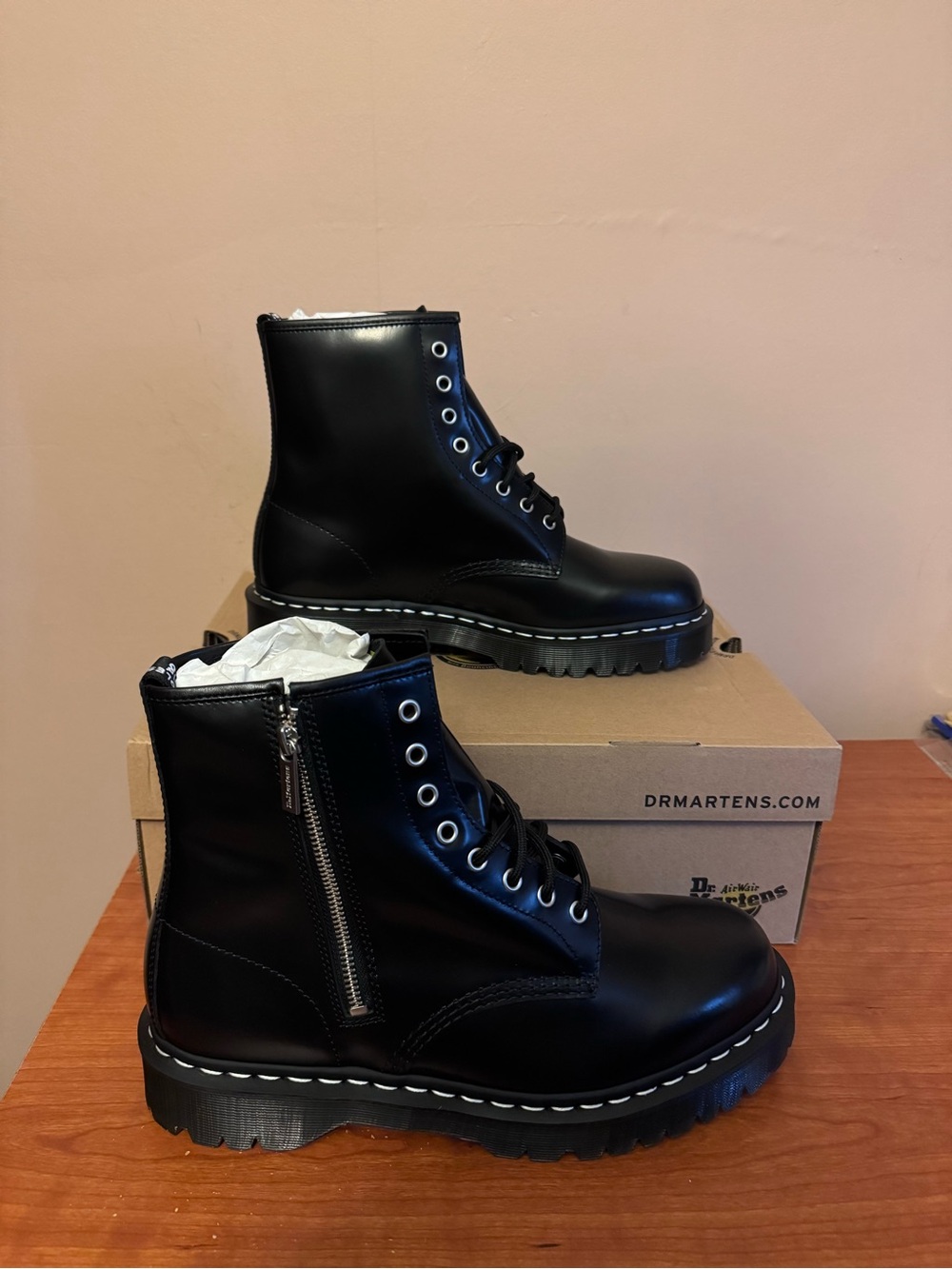 Brand New Dr. Martens Black Leather Zip & Lace Platform Boots